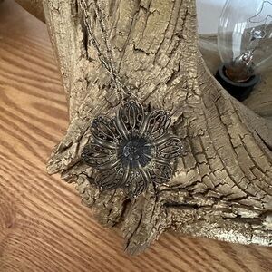 Boho Filigree Flower Pendant Necklace in Antique Brass Tone